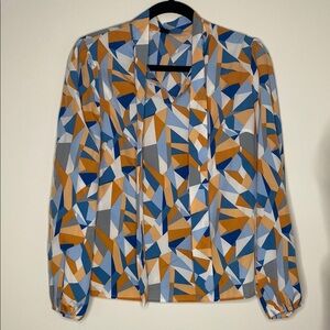 SHEIN Blue Graphic Blouse with Mandarin (Tie Option )Collar